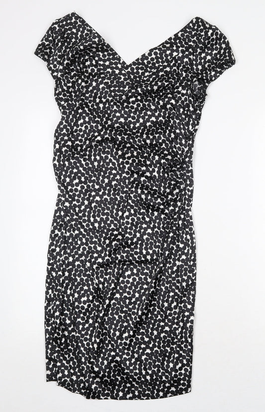 NW Collections Womens Black Geometric Polyester Pencil Dress Size 6 V-Neck Pullover