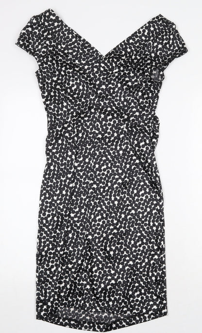 NW Collections Womens Black Geometric Polyester Pencil Dress Size 6 V-Neck Pullover