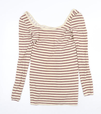 Miss Selfridge Womens Beige Striped 100% Cotton Basic T-Shirt Size 8 Scoop Neck