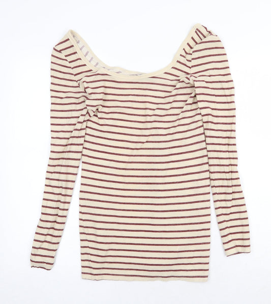 Miss Selfridge Womens Beige Striped 100% Cotton Basic T-Shirt Size 8 Scoop Neck