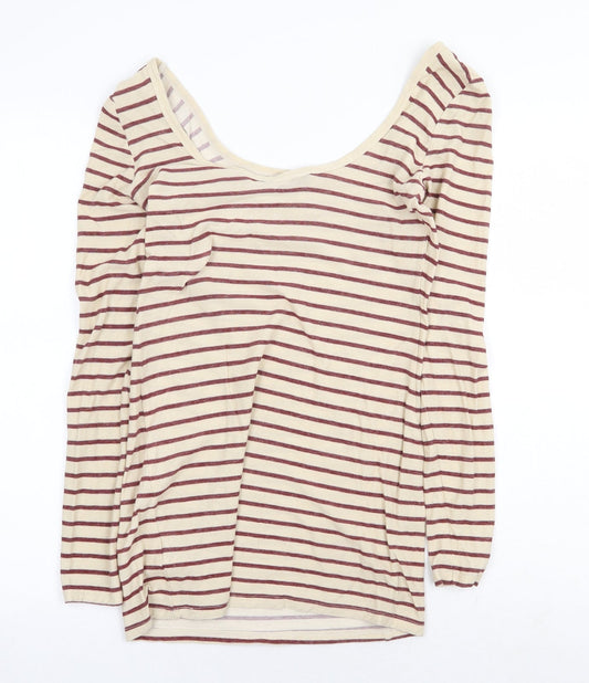 Miss Selfridge Womens Beige Striped 100% Cotton Basic T-Shirt Size 8 Scoop Neck
