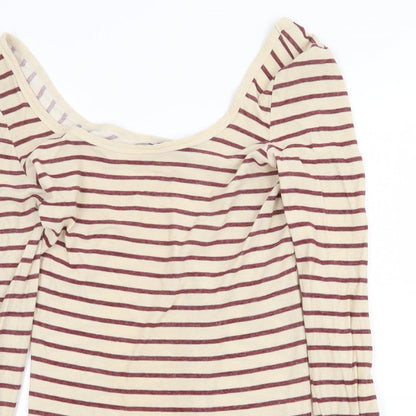 Miss Selfridge Womens Beige Striped 100% Cotton Basic T-Shirt Size 8 Scoop Neck