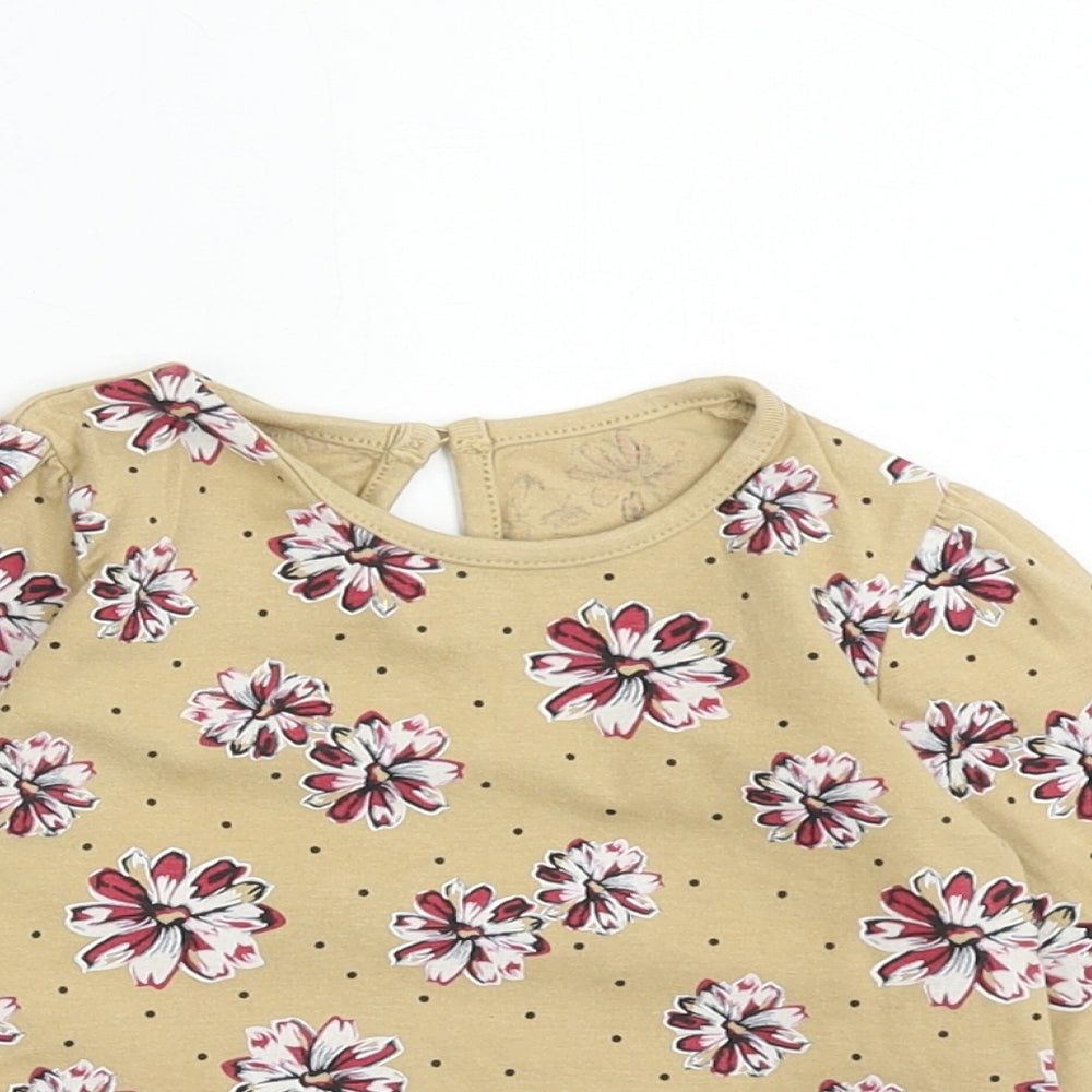 Matalan Girls Brown Floral Cotton Basic T-Shirt Size 6-9 Months Round Neck Button