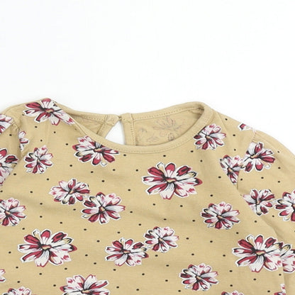 Matalan Girls Brown Floral Cotton Basic T-Shirt Size 6-9 Months Round Neck Button