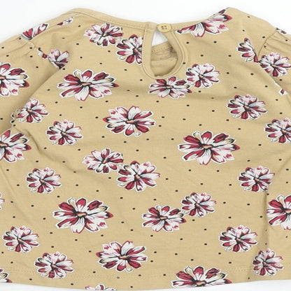 Matalan Girls Brown Floral Cotton Basic T-Shirt Size 6-9 Months Round Neck Button