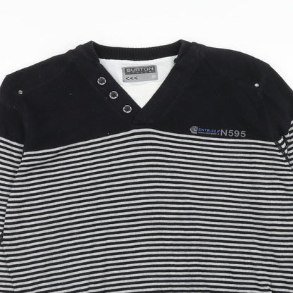 Burton Mens Black V-Neck Striped Cotton Pullover Jumper Size M Long Sleeve