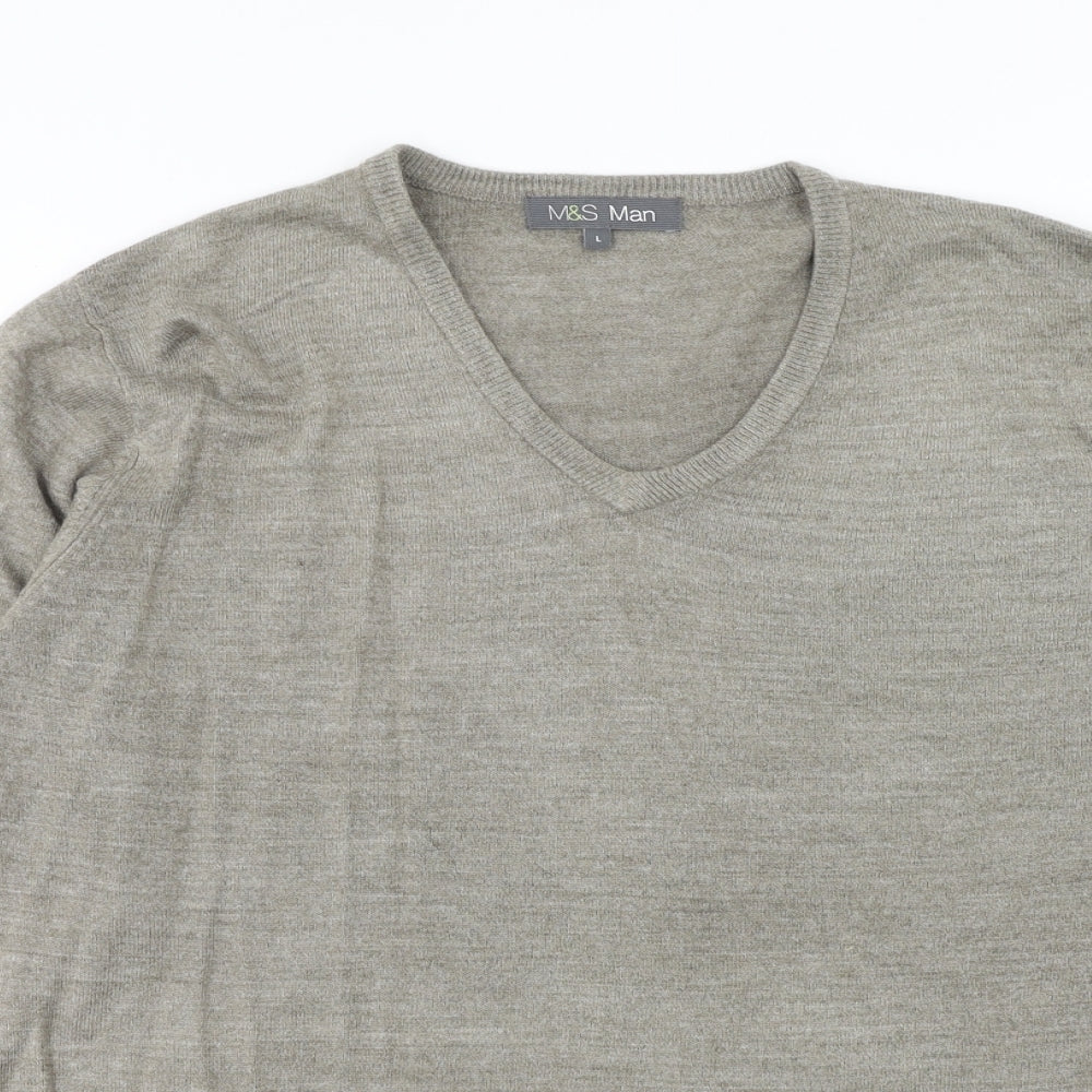 Marks and Spencer Mens Grey V-Neck Acrylic Pullover Jumper Size L Long Sleeve