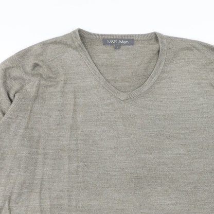 Marks and Spencer Mens Grey V-Neck Acrylic Pullover Jumper Size L Long Sleeve