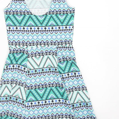 H&M Womens Green Geometric Cotton A-Line Size 8 Scoop Neck Pullover