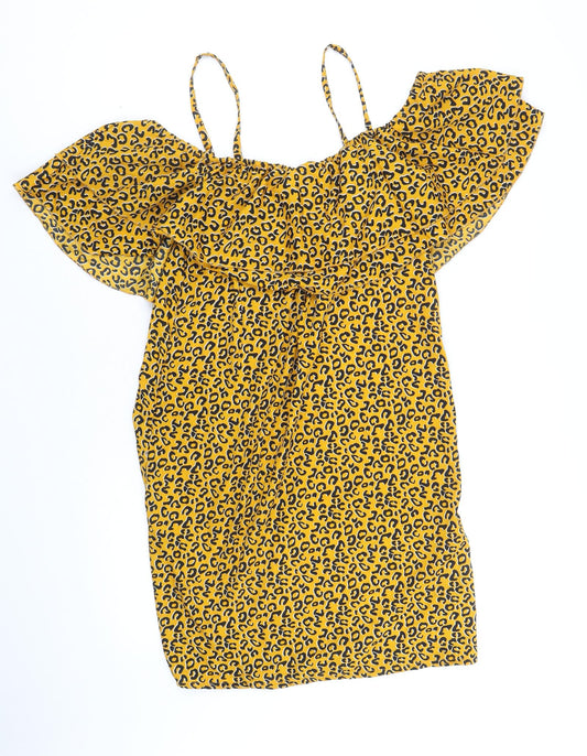 Pep & Co Womens Yellow Animal Print Polyester A-Line Size 8 Round Neck Pullover - Leopard Pattern