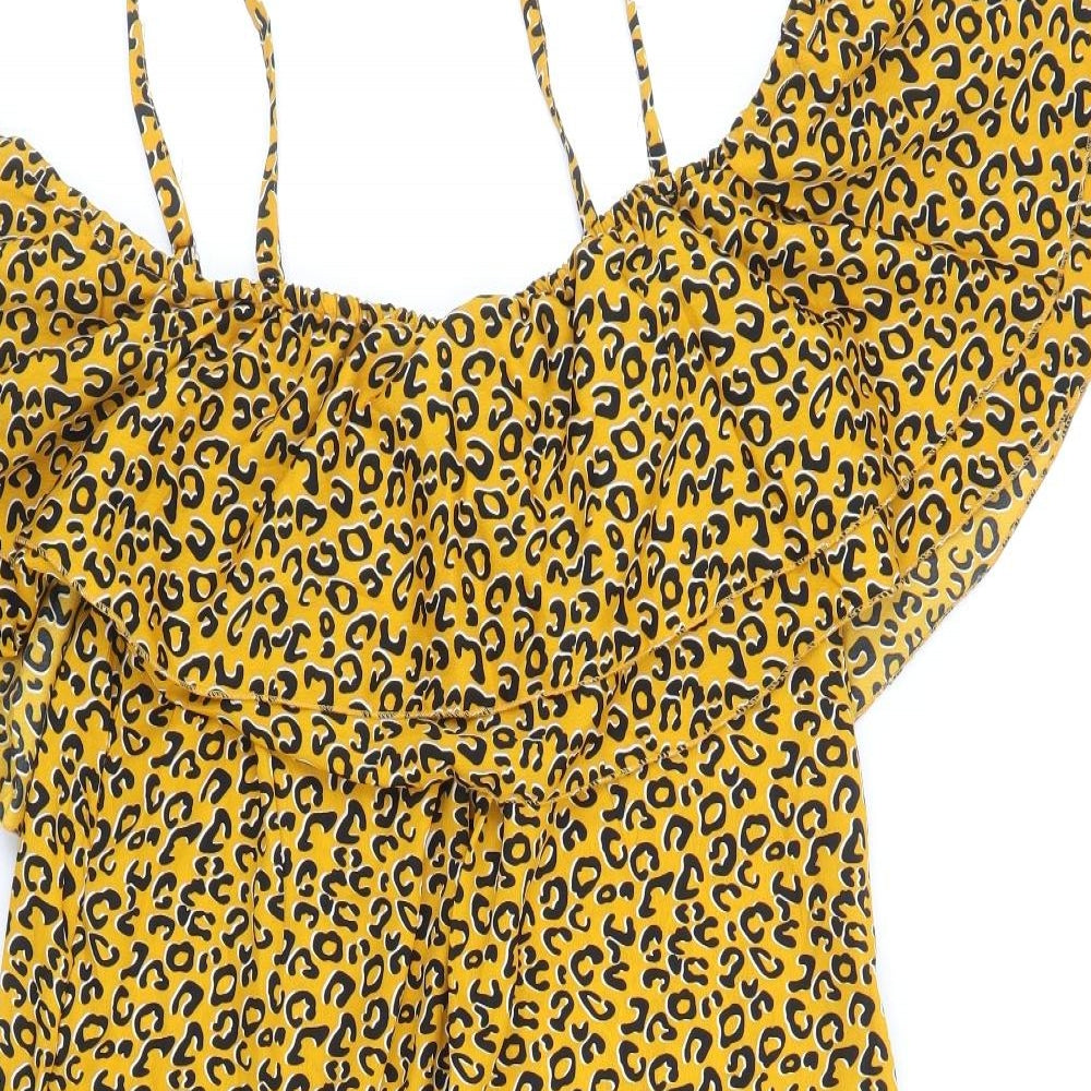 Pep & Co Womens Yellow Animal Print Polyester A-Line Size 8 Round Neck Pullover - Leopard Pattern