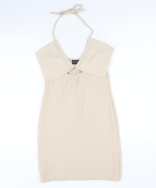 PRETTYLITTLETHING Womens Beige Polyacrylate Fibre Mini Size 10 Halter Tie