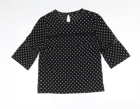 F&F Womens Black Polka Dot Polyester Basic Blouse Size 8 Round Neck