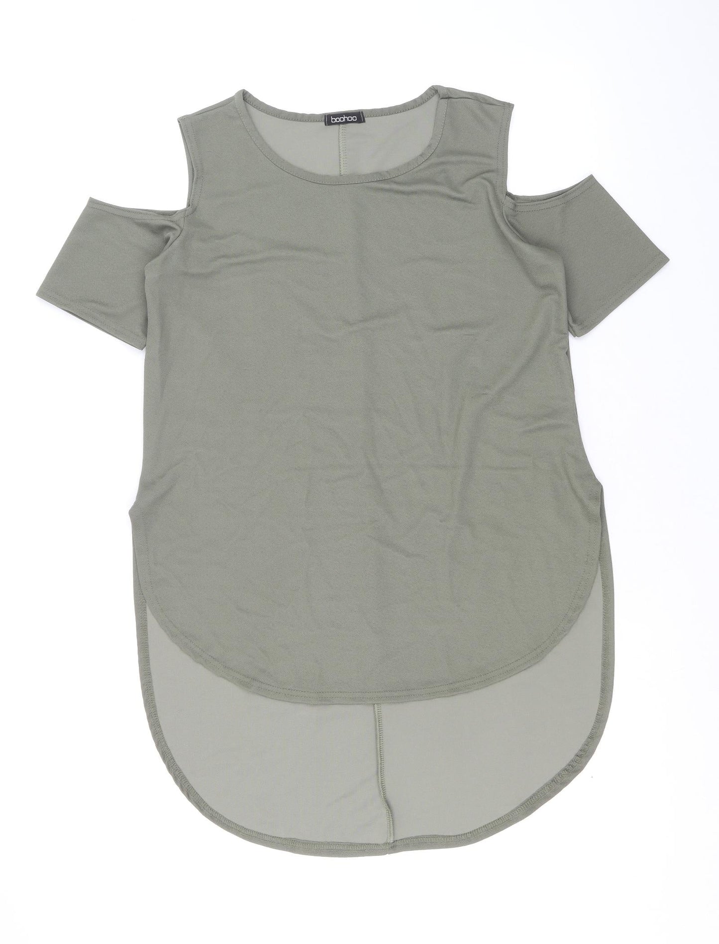 Boohoo Womens Green Viscose Basic Blouse Size S Scoop Neck - Cold Shoulder