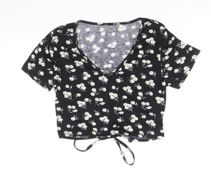SheIn Womens Black Floral Polyester Cropped T-Shirt Size M V-Neck