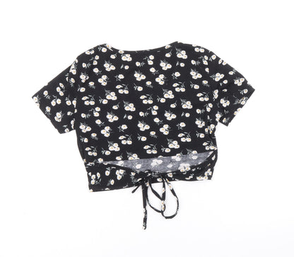 SheIn Womens Black Floral Polyester Cropped T-Shirt Size M V-Neck