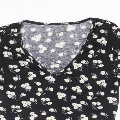 SheIn Womens Black Floral Polyester Cropped T-Shirt Size M V-Neck