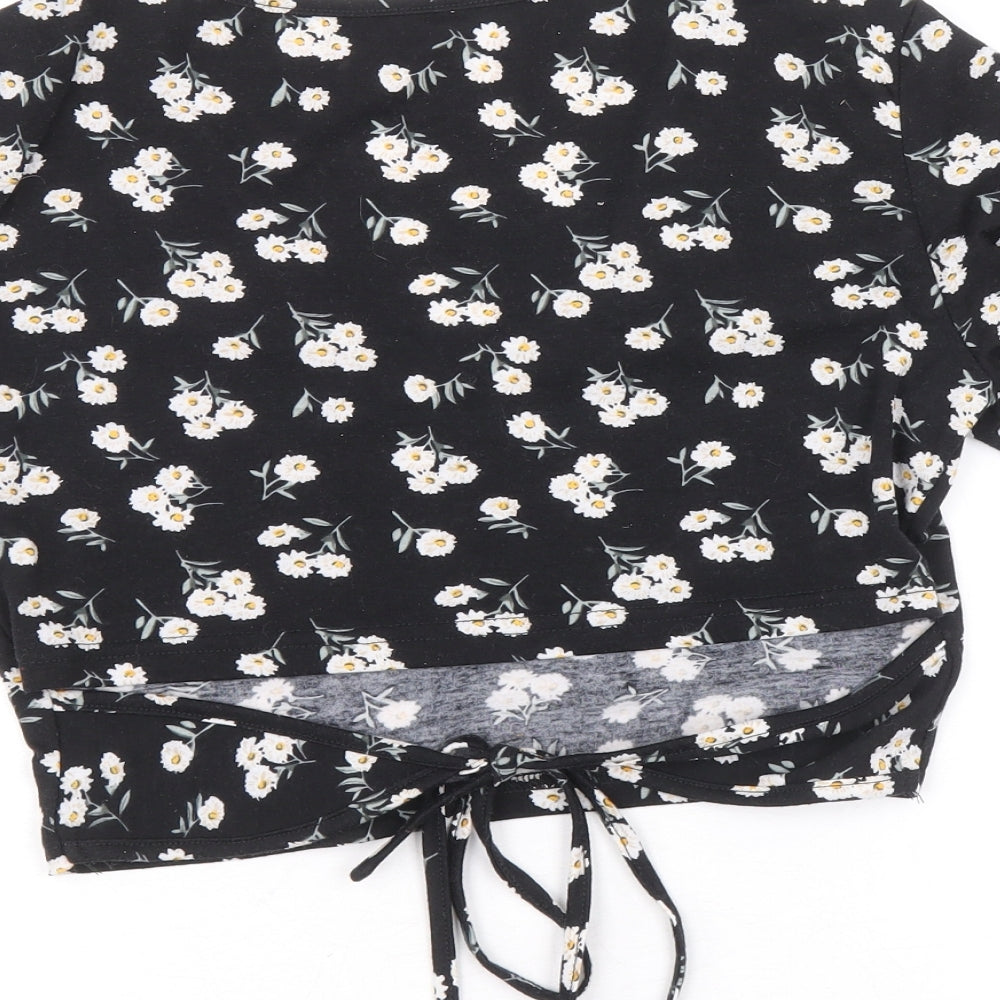 SheIn Womens Black Floral Polyester Cropped T-Shirt Size M V-Neck