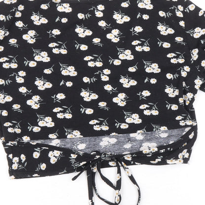 SheIn Womens Black Floral Polyester Cropped T-Shirt Size M V-Neck