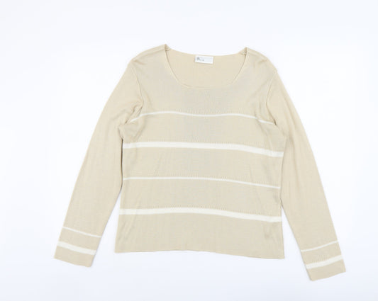 BHS Womens Beige Square Neck Striped Acrylic Pullover Jumper Size 16
