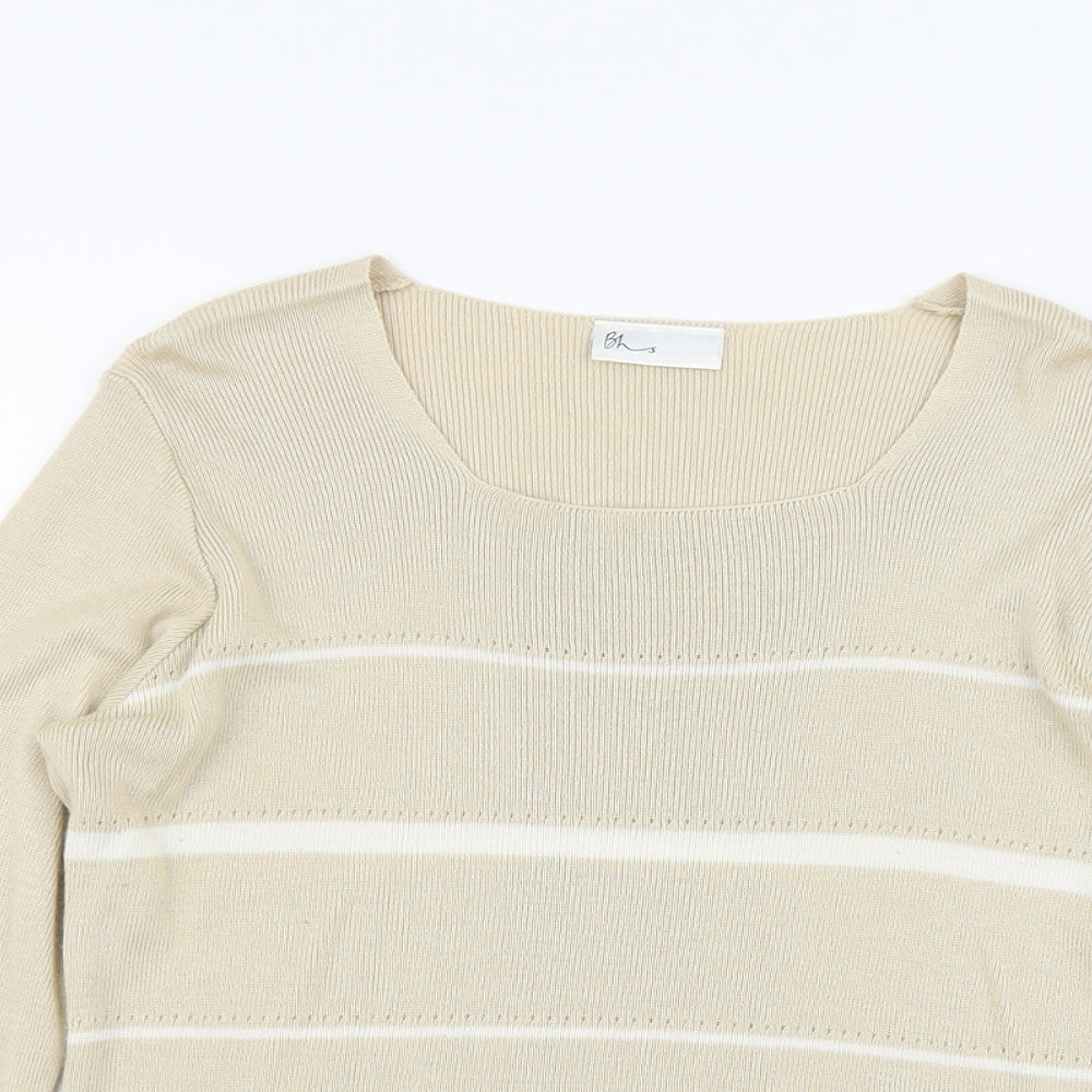 BHS Womens Beige Square Neck Striped Acrylic Pullover Jumper Size 16