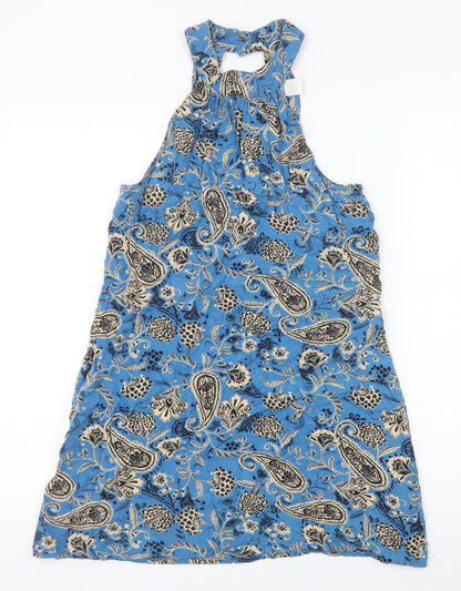 Band of Gypsies Womens Blue Paisley Polyester A-Line Size S Round Neck Button