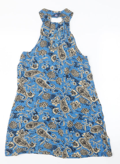 Band of Gypsies Womens Blue Paisley Polyester A-Line Size S Round Neck Button