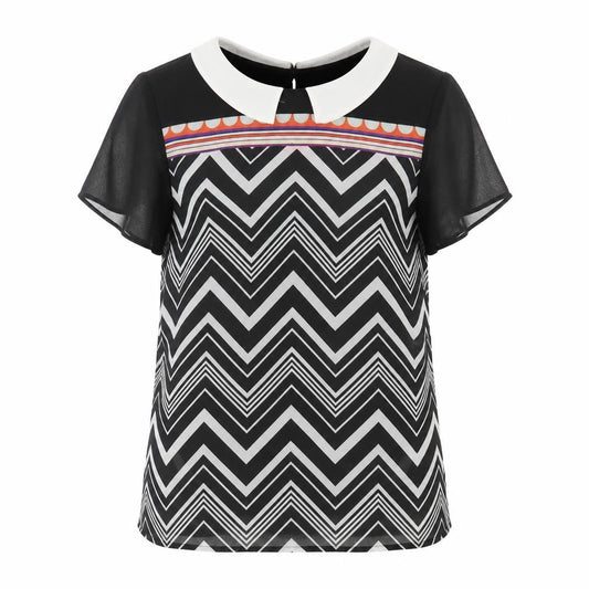 Be Beau Womens Black Geometric Polyester Basic Blouse Size 10 Collared