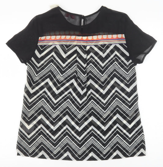 Be Beau Womens Black Geometric Polyester Basic Blouse Size 10 Collared