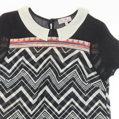 Be Beau Womens Black Geometric Polyester Basic Blouse Size 10 Collared