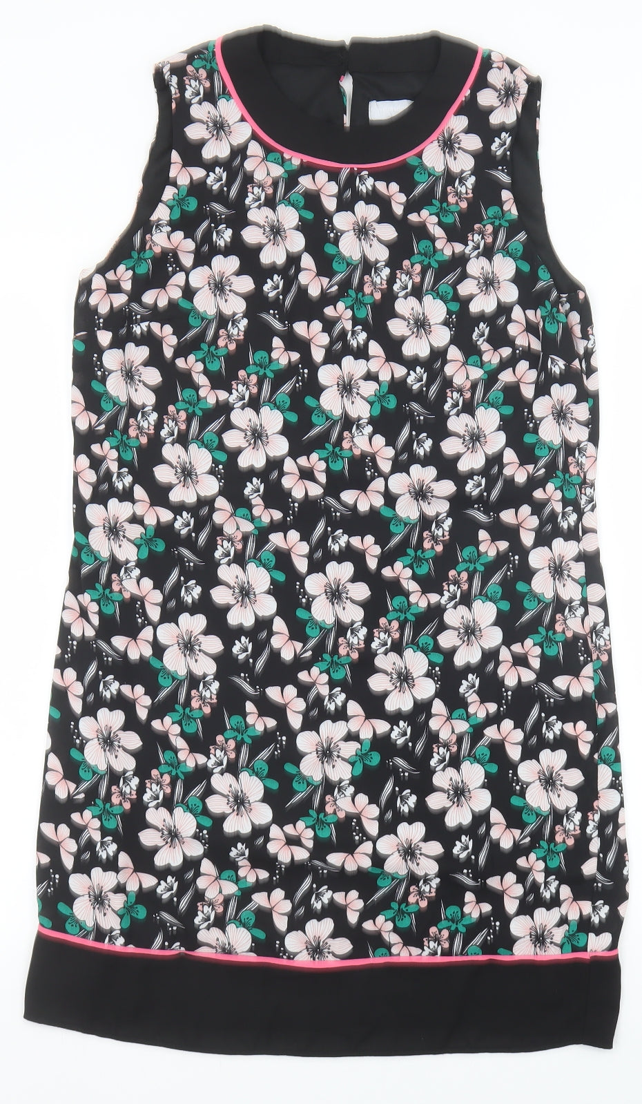Debenhams Womens Black Floral Polyester Shift Size 10 Round Neck Button