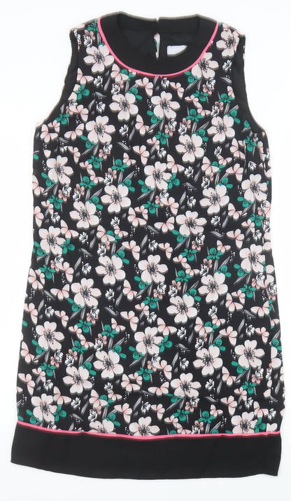 Debenhams Womens Black Floral Polyester Shift Size 10 Round Neck Button