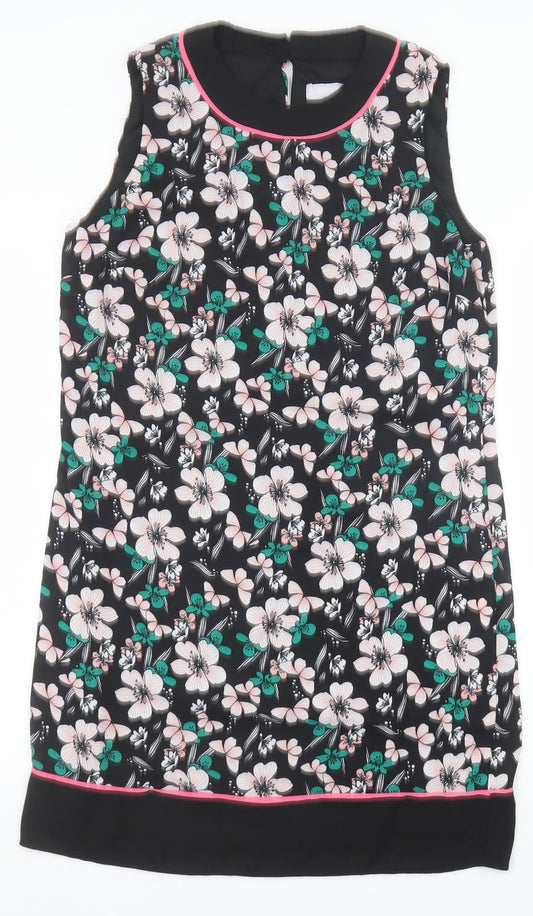Debenhams Womens Black Floral Polyester Shift Size 10 Round Neck Button