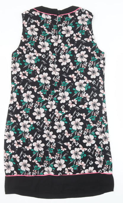 Debenhams Womens Black Floral Polyester Shift Size 10 Round Neck Button
