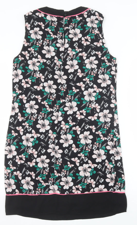Debenhams Womens Black Floral Polyester Shift Size 10 Round Neck Button