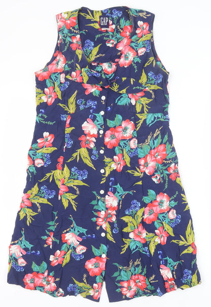 Gap Womens Blue Floral Viscose A-Line Size XS V-Neck Button