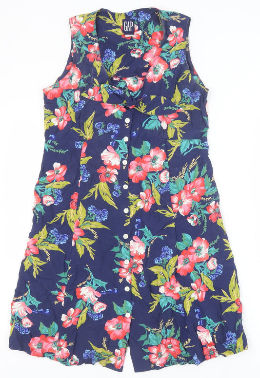 Gap Womens Blue Floral Viscose A-Line Size XS V-Neck Button