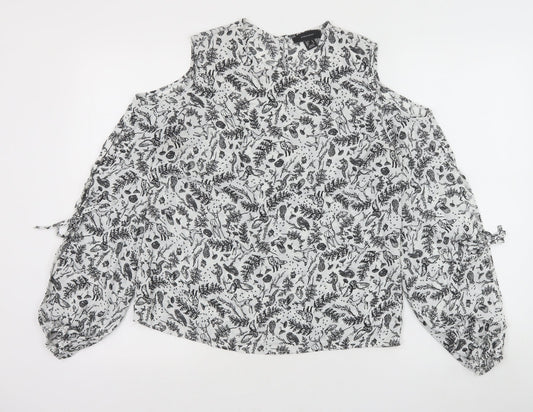 Primark Womens White Geometric Polyester Basic Blouse Size 10 Round Neck - Cold Shoulder