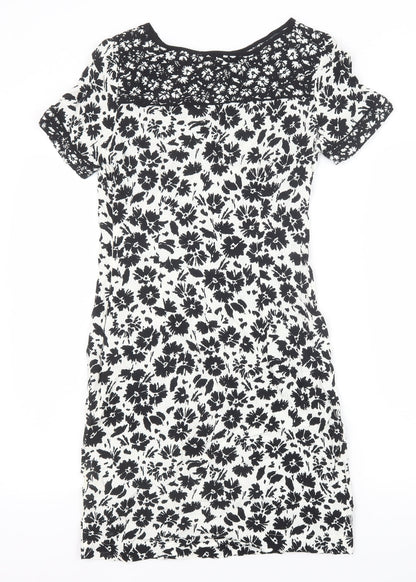 Marks and Spencer Womens Black Floral Viscose A-Line Size 8 Scoop Neck Zip