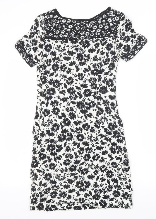 Marks and Spencer Womens Black Floral Viscose A-Line Size 8 Scoop Neck Zip