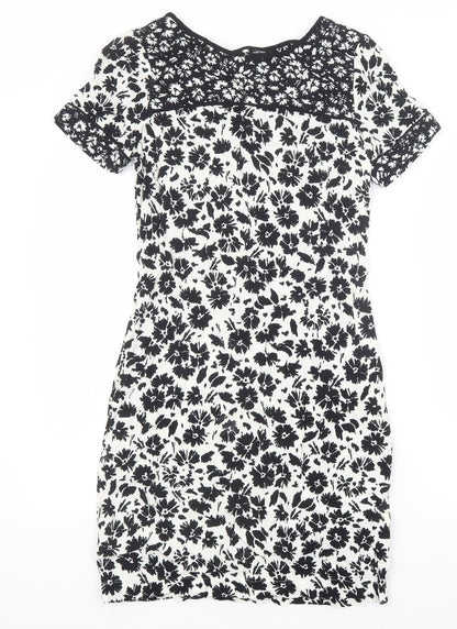 Marks and Spencer Womens Black Floral Viscose A-Line Size 8 Scoop Neck Zip