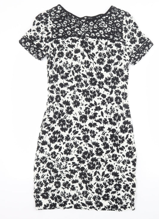 Marks and Spencer Womens Black Floral Viscose A-Line Size 8 Scoop Neck Zip