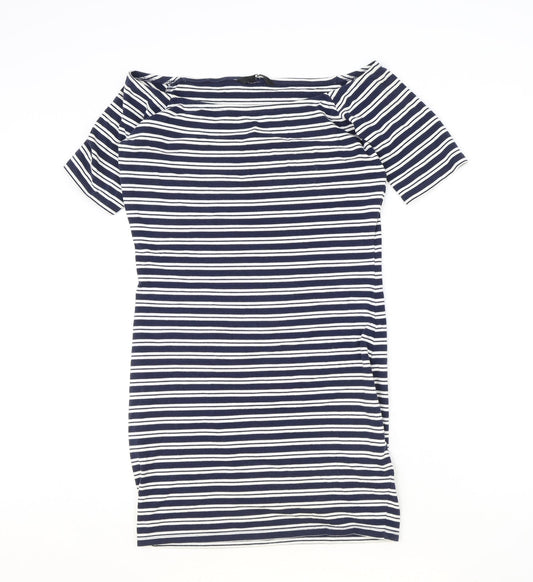 Very Womens Blue Striped Cotton Pencil Dress Size 12 Off the Shoulder Pullover