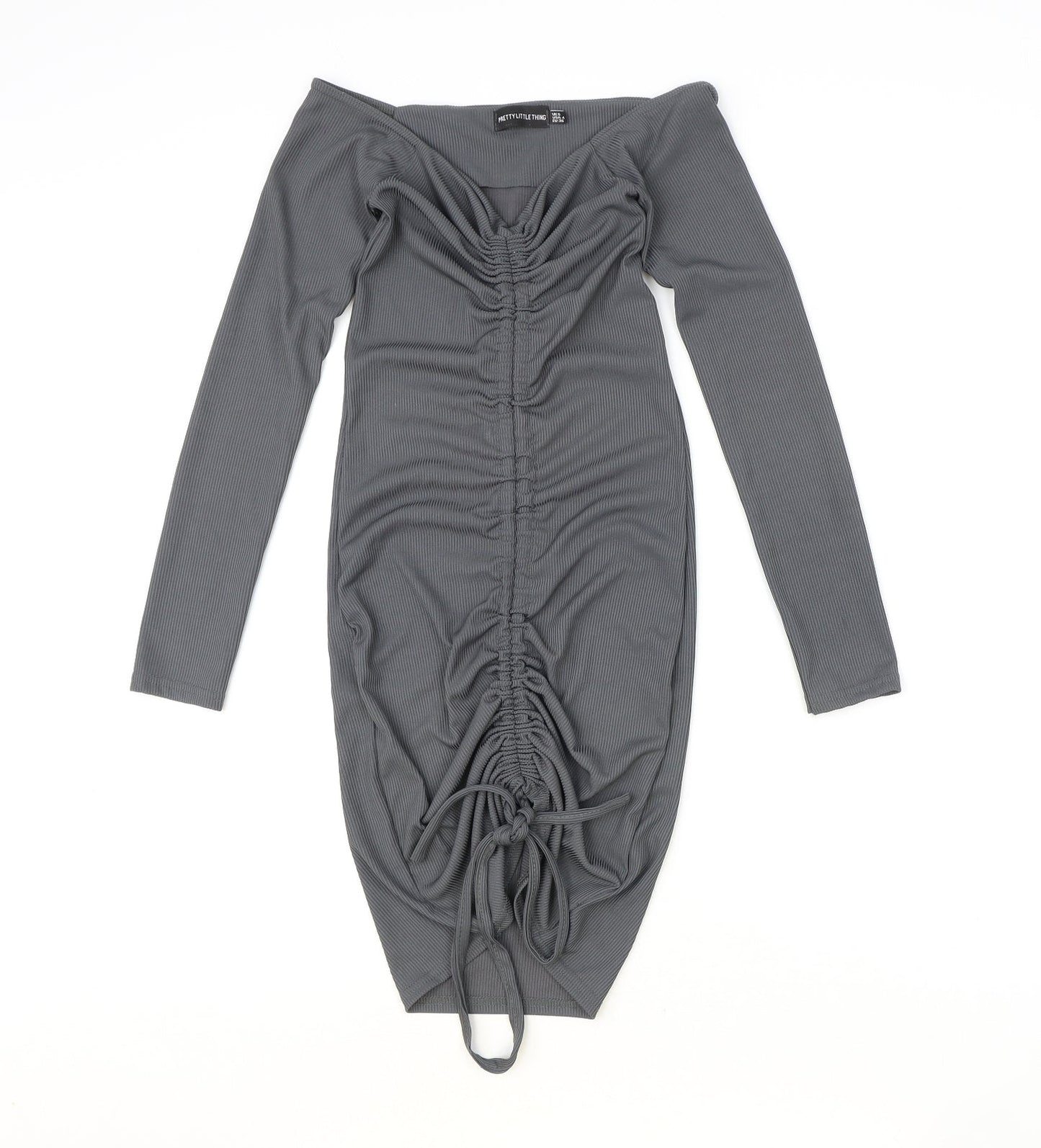 PRETTYLITTLETHING Womens Grey Polyester Bodycon Size 8 V-Neck Pullover - Ruched