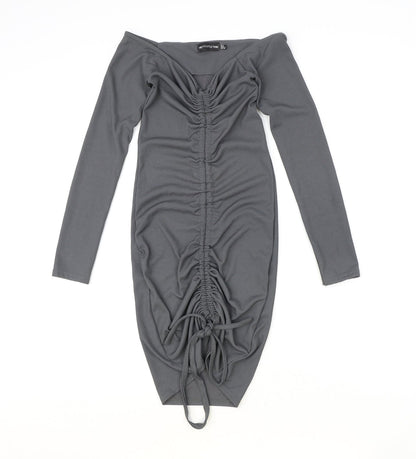 PRETTYLITTLETHING Womens Grey Polyester Bodycon Size 8 V-Neck Pullover - Ruched