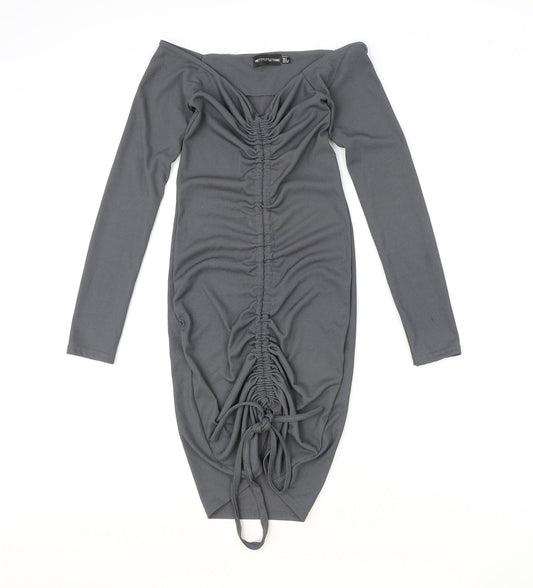 PRETTYLITTLETHING Womens Grey Polyester Bodycon Size 8 V-Neck Pullover - Ruched