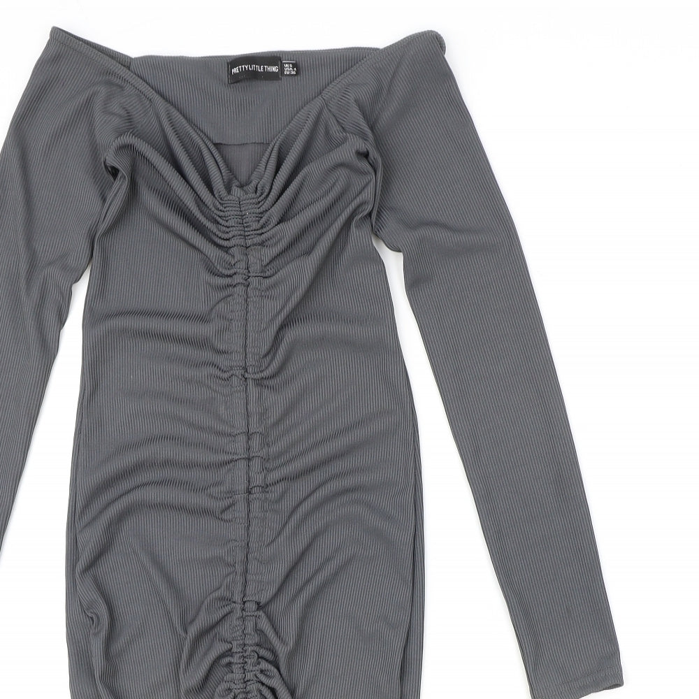 PRETTYLITTLETHING Womens Grey Polyester Bodycon Size 8 V-Neck Pullover - Ruched