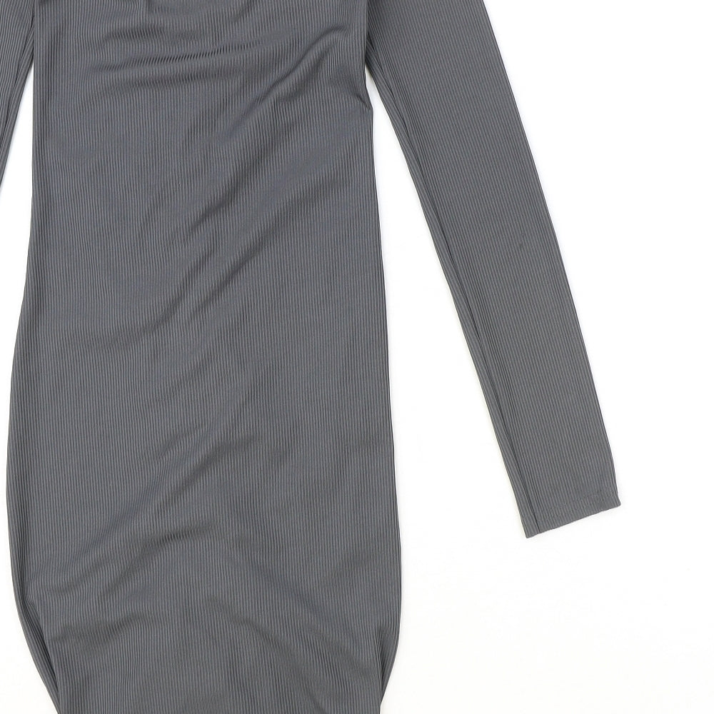 PRETTYLITTLETHING Womens Grey Polyester Bodycon Size 8 V-Neck Pullover - Ruched