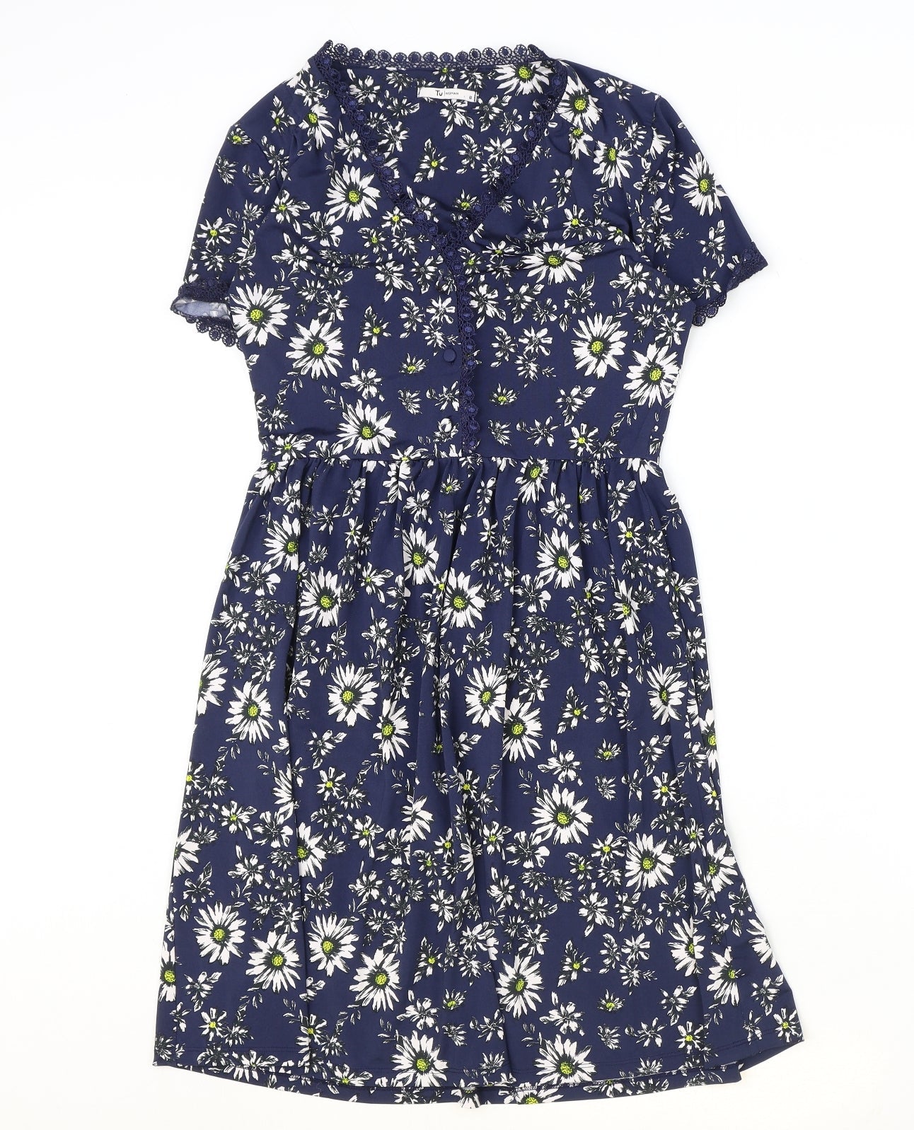 TU Womens Blue Floral Polyester A-Line Size 8 V-Neck Button