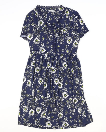 TU Womens Blue Floral Polyester A-Line Size 8 V-Neck Button